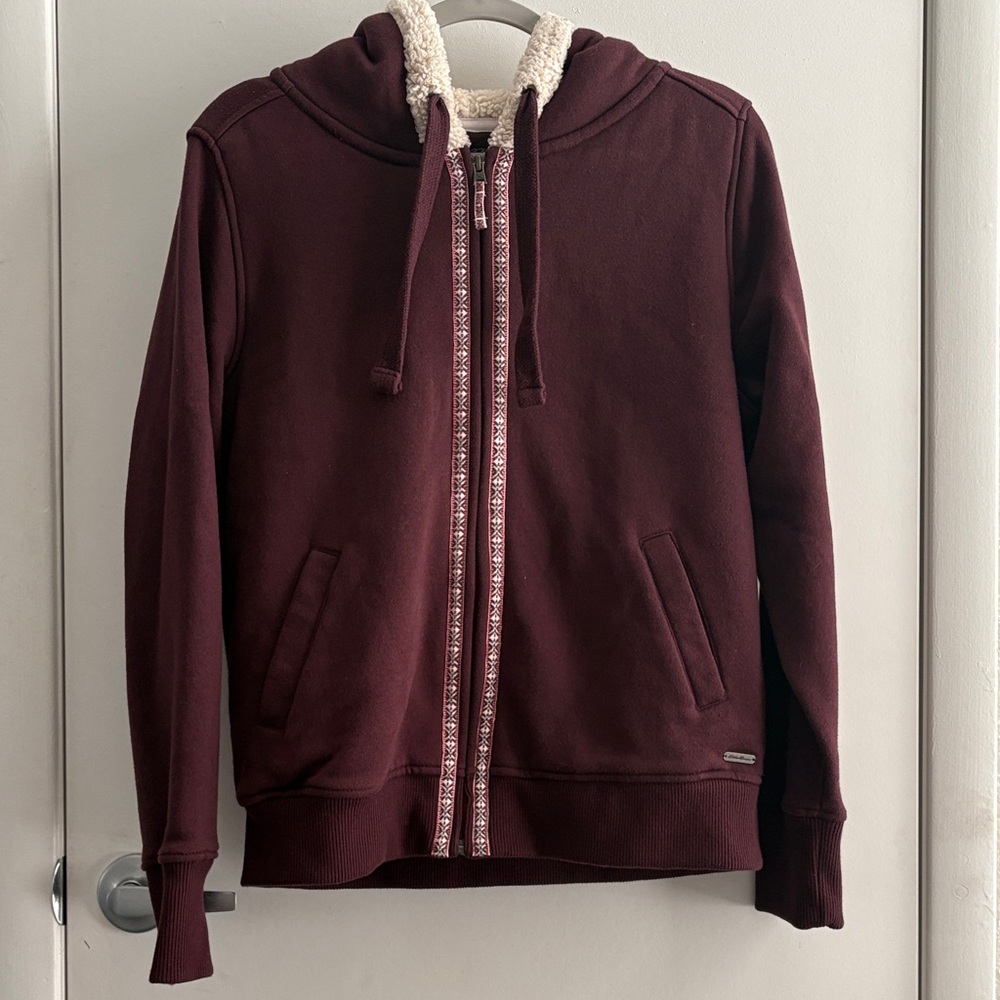 Eddie Bauer Cotton Aztec Sherpa Lined Maroon Knit Full Zip Hooded Jacket SZ L